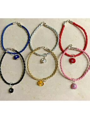 New 925 Sterling Silver Braided Leather Bracelet With Removable Evil Eye Charm